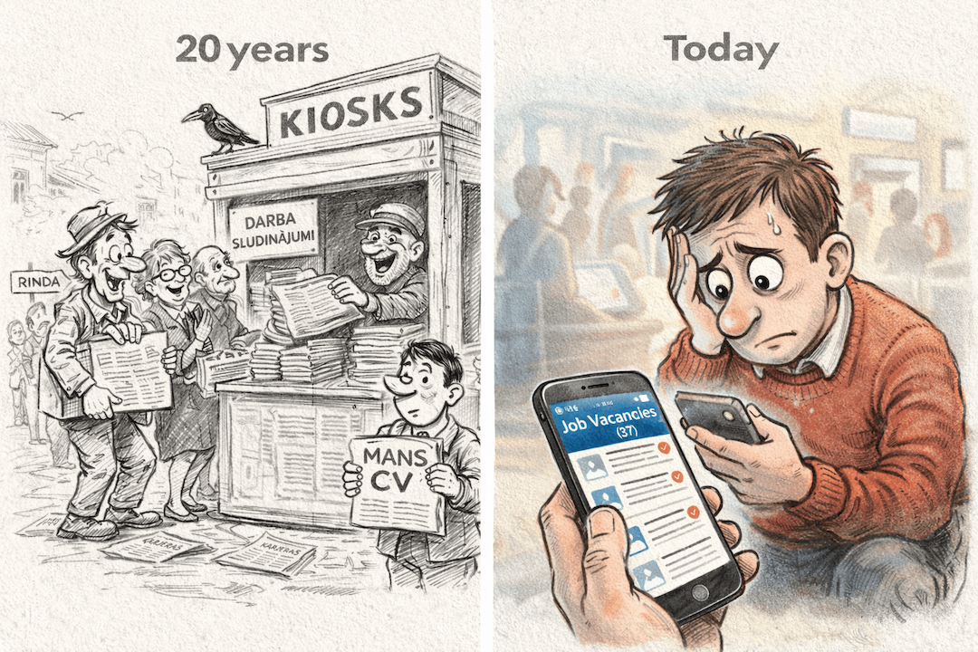 Darba sludinājums pirms 20 gadiem un tagad